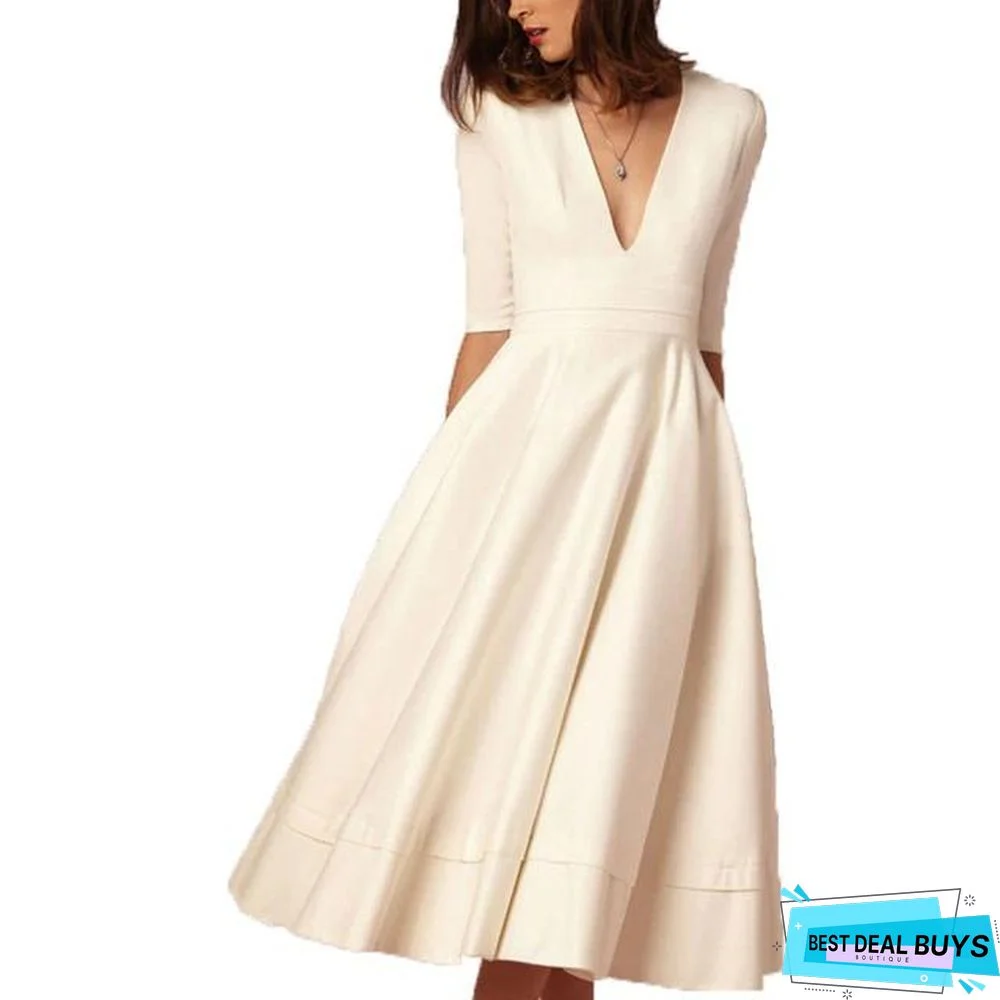 Vintage Women Casual Plus Size Elegant Ball Gown Sexy V Neck Long Party Dresses White Dresses