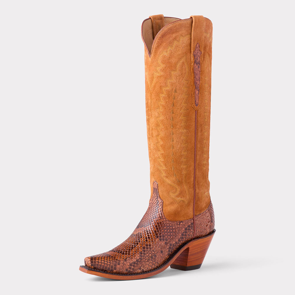 Orange Snakeskin Embroidered Snip Toe Knee-High Cowboy Boots for Women Nicepairs