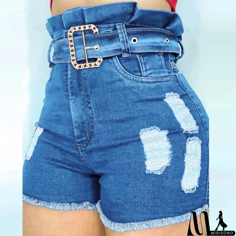 MidiSono - Women Blue High Waist Lace Ripped Shorts-with belt
