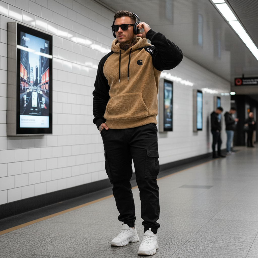 Men's Vintage Western Cowboy Embroidered Contrast Fleece Raglan Sleeve Pocket Hoodie