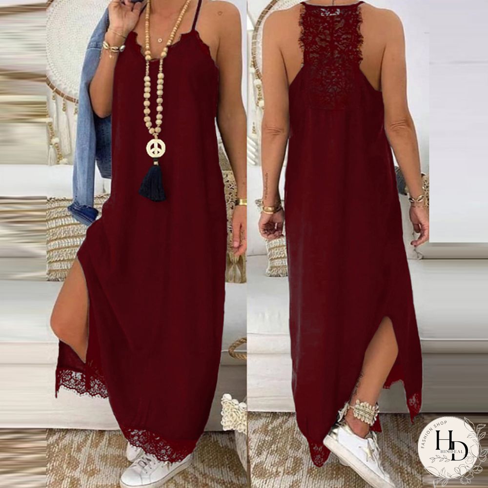 Women New Lace Backless Sling Long Dress Casual Harajuku Solid COlor Loose Slit Dress Sexy Lace Hem Patchwork Nightdress Vestido