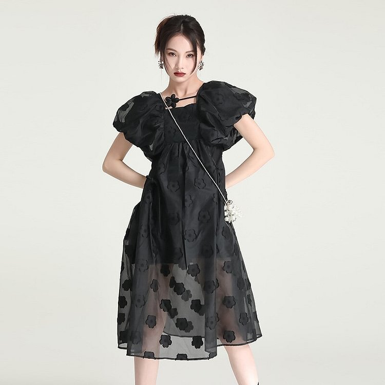 Chic Loose Square Collar Flower Patchwork Back Hollow Out Puff Sleeve Mesh Dress     