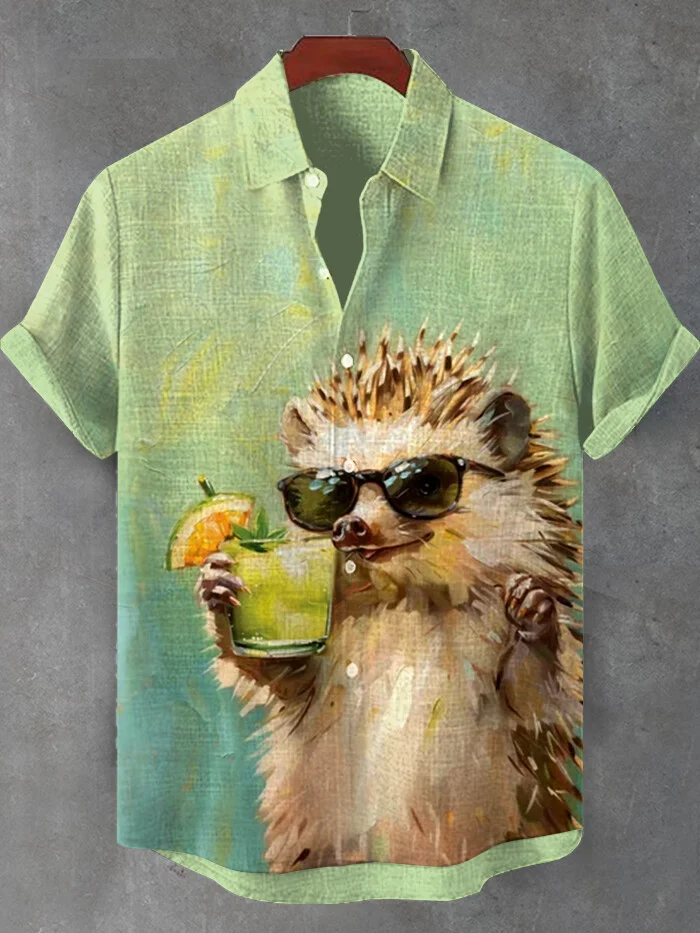 Men's Hedgehog Drinking Cocktail Art Print Shirt