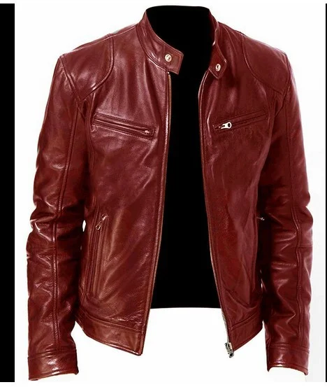 Uveng Uveng Business Gentleman Warm Zipper Open Shirt Pocket Decoration PU Leather Jacket Collar Collar Zipper Leather Jacket