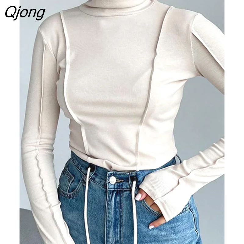 Qjong Solid Long Sleeve T Shirts Spring Women Solid Turtleneck Elegant Bright Line Slim Soft Tees 2023 Y2K Ladies Blouse