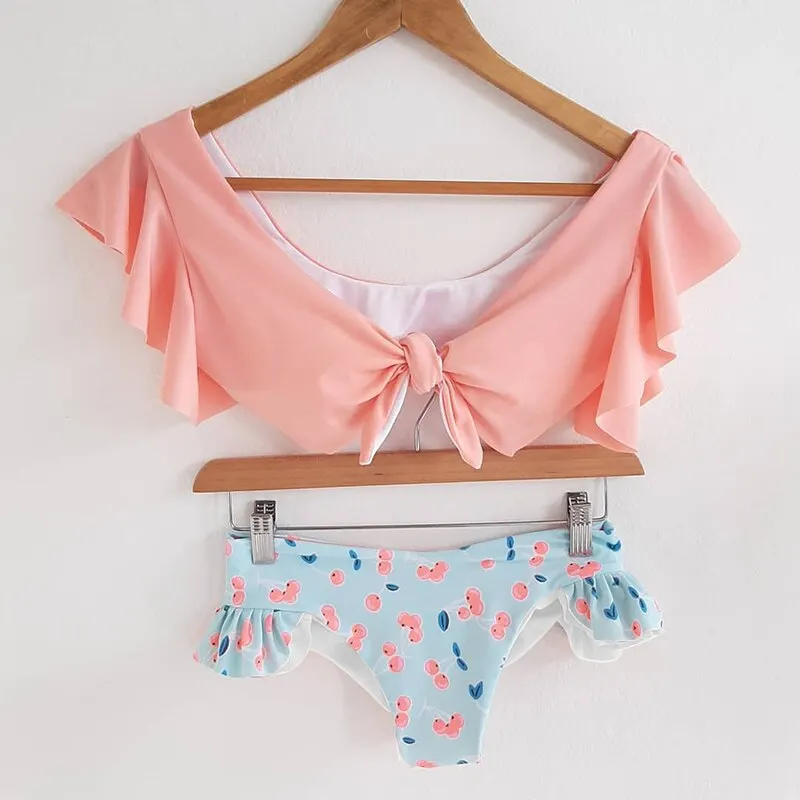 2021 New Two-Pieces Women Floral Push-up Padded Bra Ruffles Bandage Bikini Set Swimsuit Swimwear Bathing Suit Beachwear Biquini
