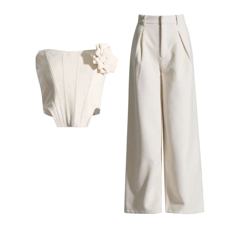 Zingj 2025 New Temperament Splicing Three-Dimensional Flower Fish Bone Stud Top + High Waist Broad Leg Slacks Fashion Set