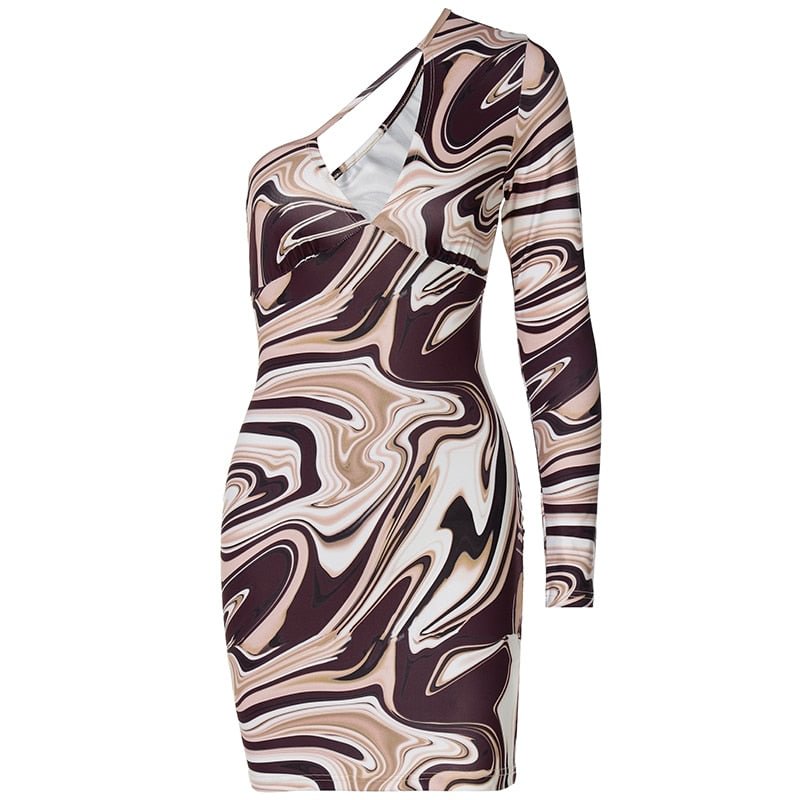 Dulzura Tie Dye Print Women Long Sleeve Hollow Out One Shoulder Mini Dress Bodycon Sexy Streetwear Party Elegant 2021 Autumn