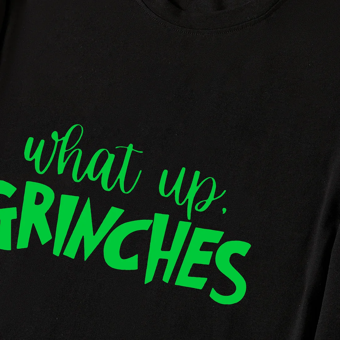 Christmas Text Print Black Long Sleeve Top with Green and Black Plaid Family Matching Pajamas