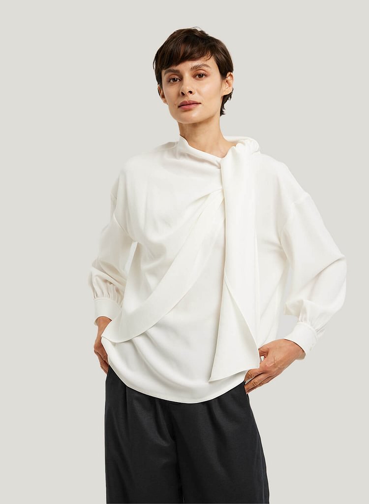 Asymmetric Tie-Neck Blouse
