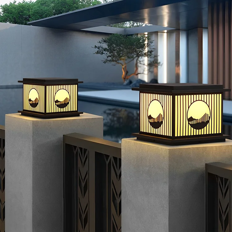Retro Mountain Scenery LED Waterproof Black Modern Solar Pillar Lamp - Appledas