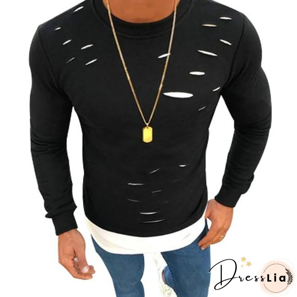 Fake Two Pieces Hole Irregular Mens T-Shirt Good Quality Patchwork Elastic Long Sleeve Male Solid O-Neck Tshirt