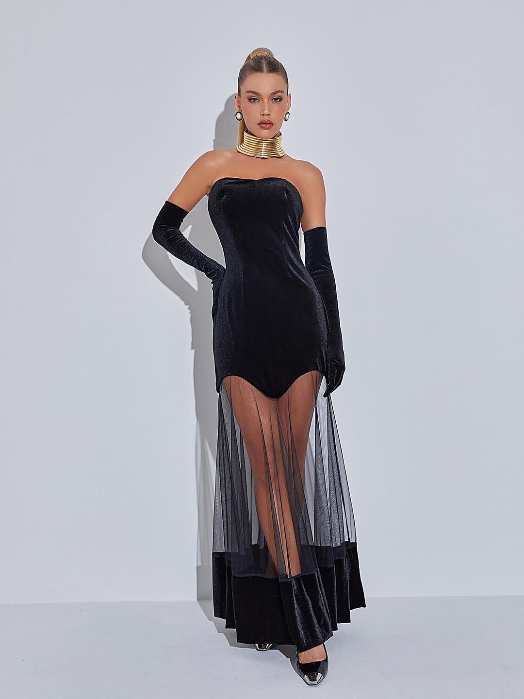 Rena Strapless Velvet Mesh Maxi Dress