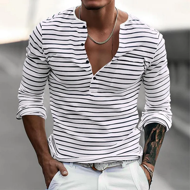 Men's Striped Henley Collar Long Sleeve Casual T-shirt 40512523Z