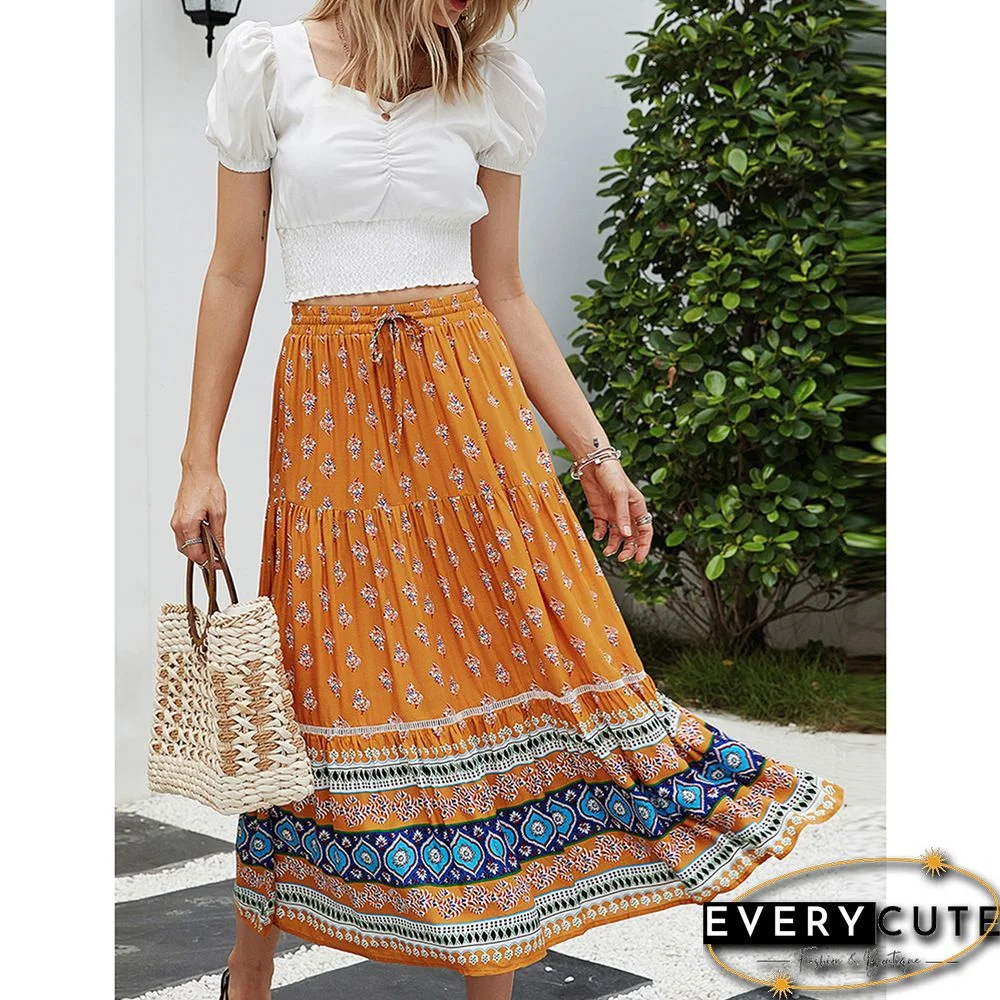 Yellow Floral Print Elastic Waist Pocket Midi Skirt