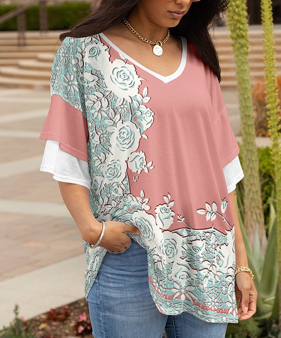 Pink & Turquoise Floral Double-Sleeve V-Neck Tunic - Women & Plus