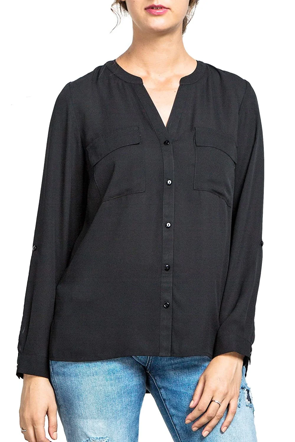 Womens Button UP Chiffon Blouse, 3/4 Roll Up Sleeves, Functional Chest Pockets, High Low Hem, Wear to Work