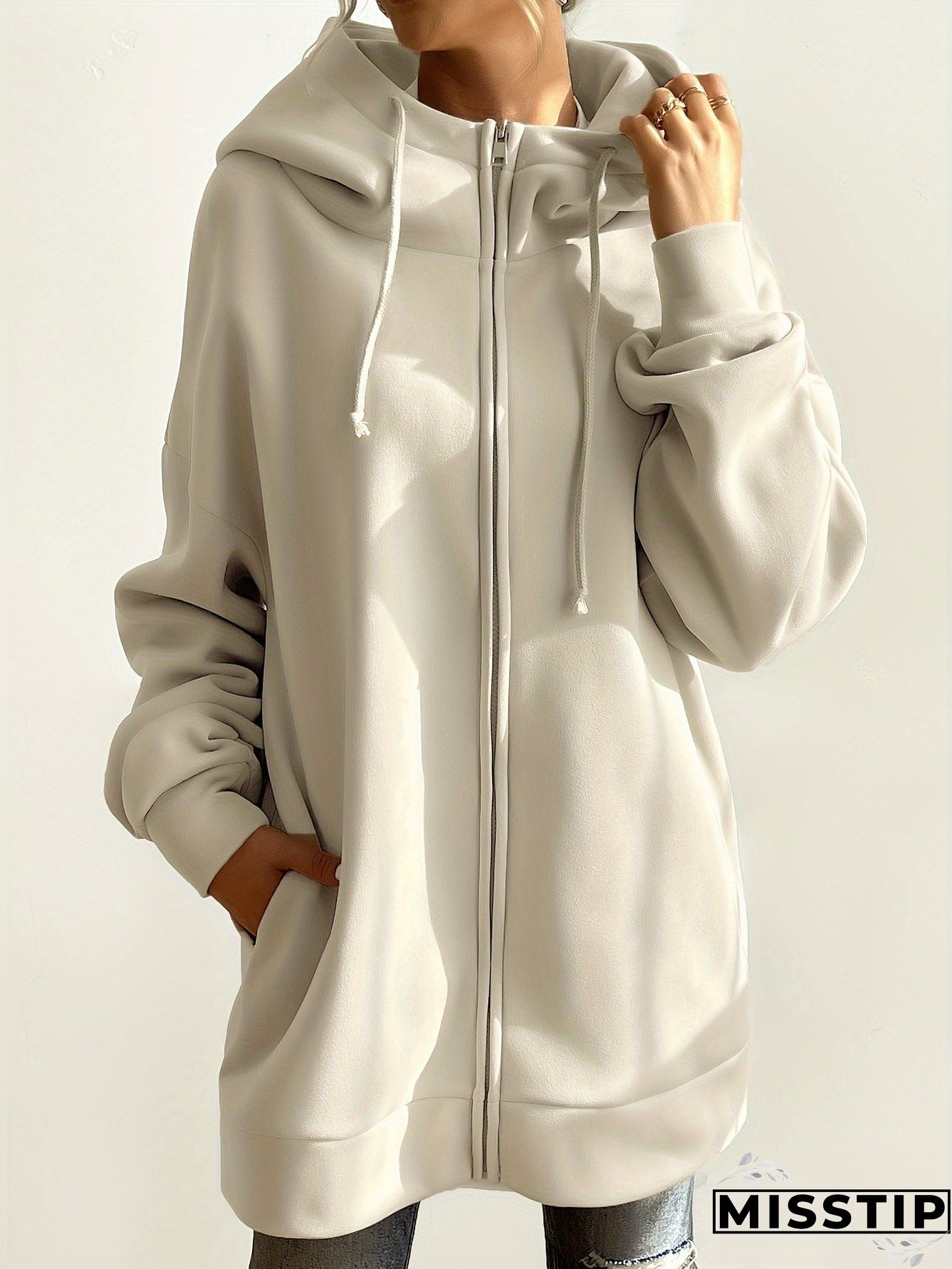 Solid Color Casual Sports Hooded Zipper Sweatshirs, Long Sleeve Drawstring Hoodie, Women's Sporty Sweatshirts