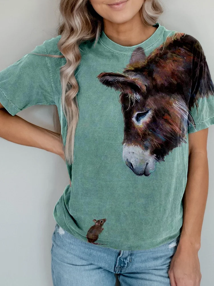 Donkey and Mouse Pattern Vintage Washed T Shirt