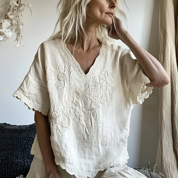 Vintage Floral Art Cotton Linen Comfy Shirt