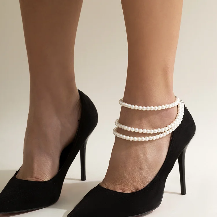 Vacation Style Woven Pearl Multi-layer Geometric Sequins Tassel Simple Anklet