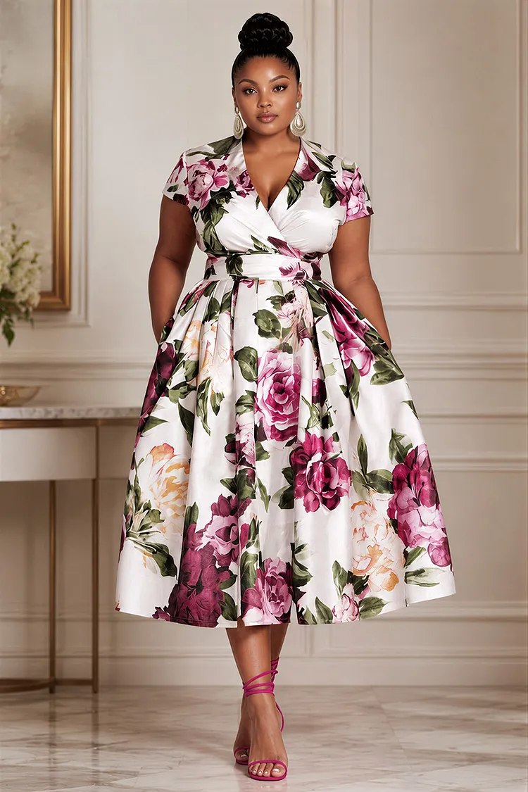 Xpluswear Design Plus Size Wedding Guest Elegant Pink Floral Wrap Neck Short Sleeve Pocket Satin Midi Dresses [Pre-Order] 2024 - Xpluswear