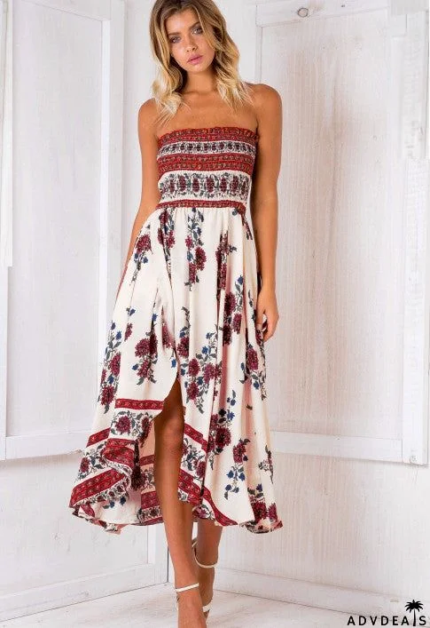 Fashion Boho Bandeau Floral Print Dress