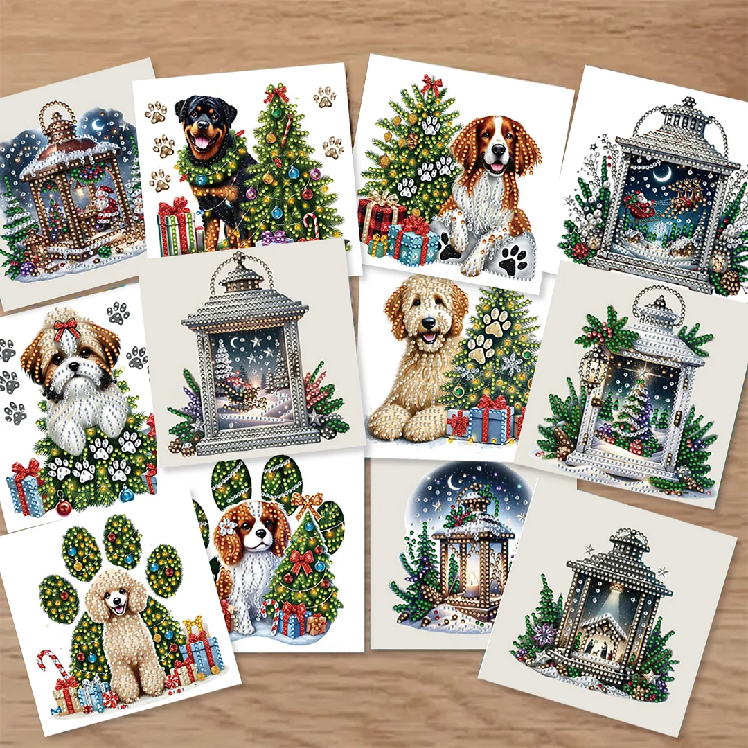 12Pcs Xmas Dog DIY Diamond Painting Greeting Cards for Adult Holiday Gifts