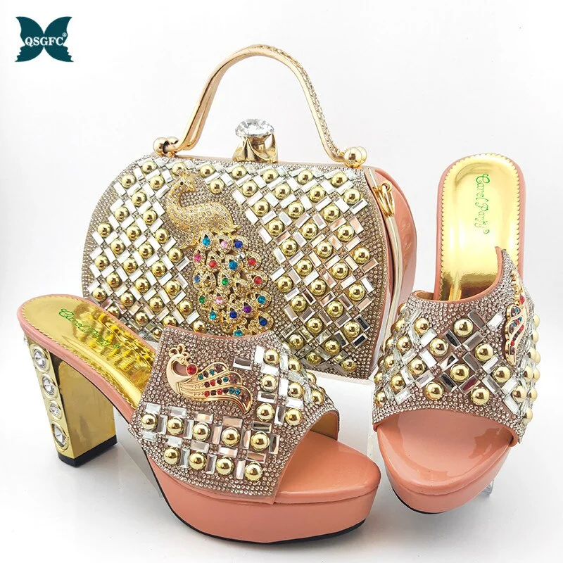Pretty Italian Women Shoes and Bag Set with Shinning Crystal 2021 Summer High Quality Afrian Lady Shoes and Bag Set for Party