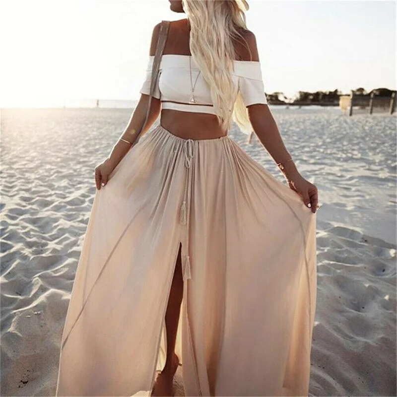 Hirigin Women Casual Loose Comfortable Skirts Ladies Solid Color Gypsy Long Maxi Full Skirt Female Summer Side Slit Beach Skirt