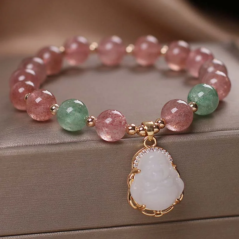 Natural Strawberry Quartz Jade Buddha Protection Healing Bracelet