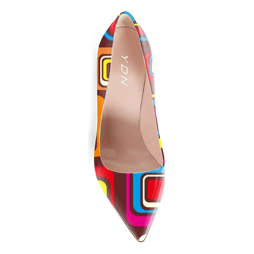 Eye-Catching Colorful Square Printed Patent Leather Pointed Pumps