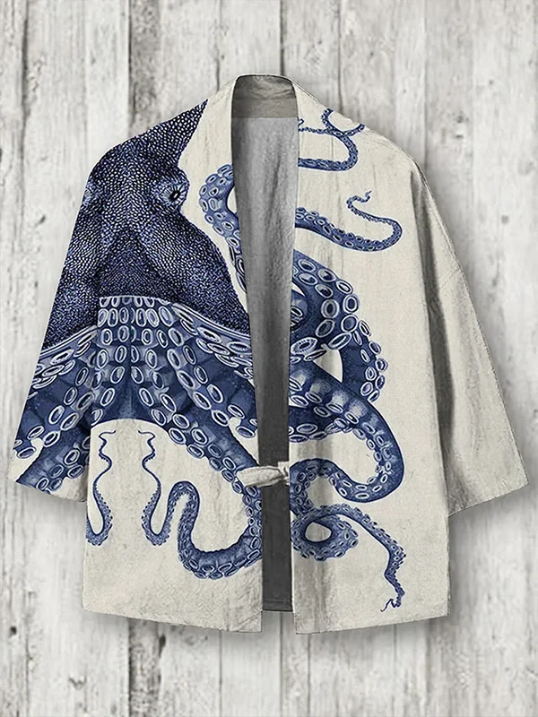 Men's Japanese Art Octopus Graphic Printed Casual Kimono Cardigan