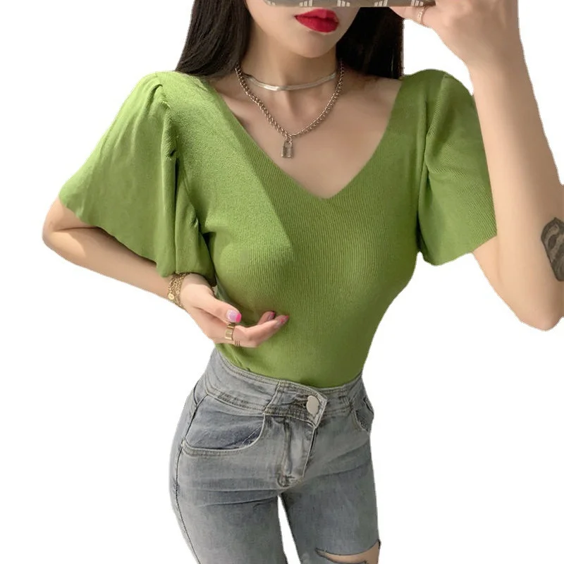 Uveng Uveng Small Sexy V-Neck T-Shirt Summer Pink Top Women's Lotus Side Of The Ocean With Thin Collarbones Cover Short Sleeves