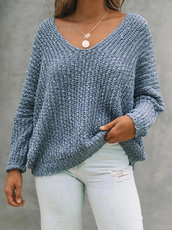 Solid Color Loose Long Sleeves V-Neck Sweater Tops Pullovers Knitwear