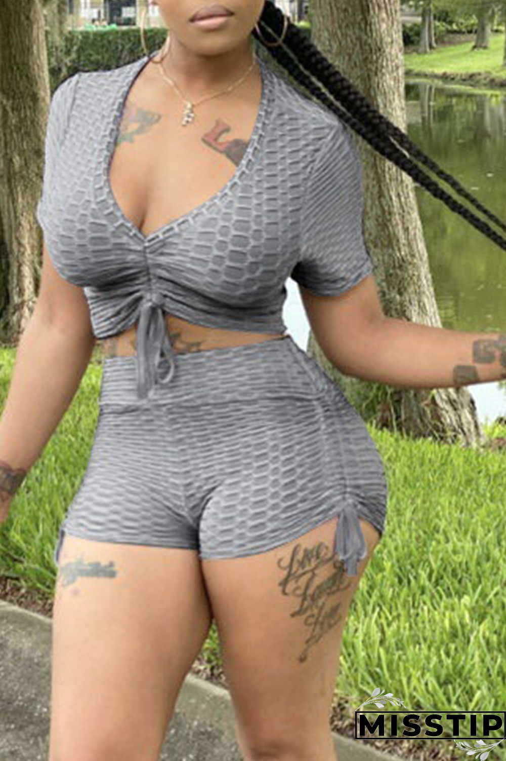 Grey Casual Solid Patchwork V Neck Short Sleeve Two Pieces