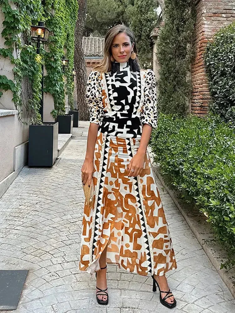 Tlbang Shoulder Pads Print Skirt Set Women's 2-piece Set Chic Mock Neck Long Sleeves Shirt & Slit Skirts Suit Vacation Outfits