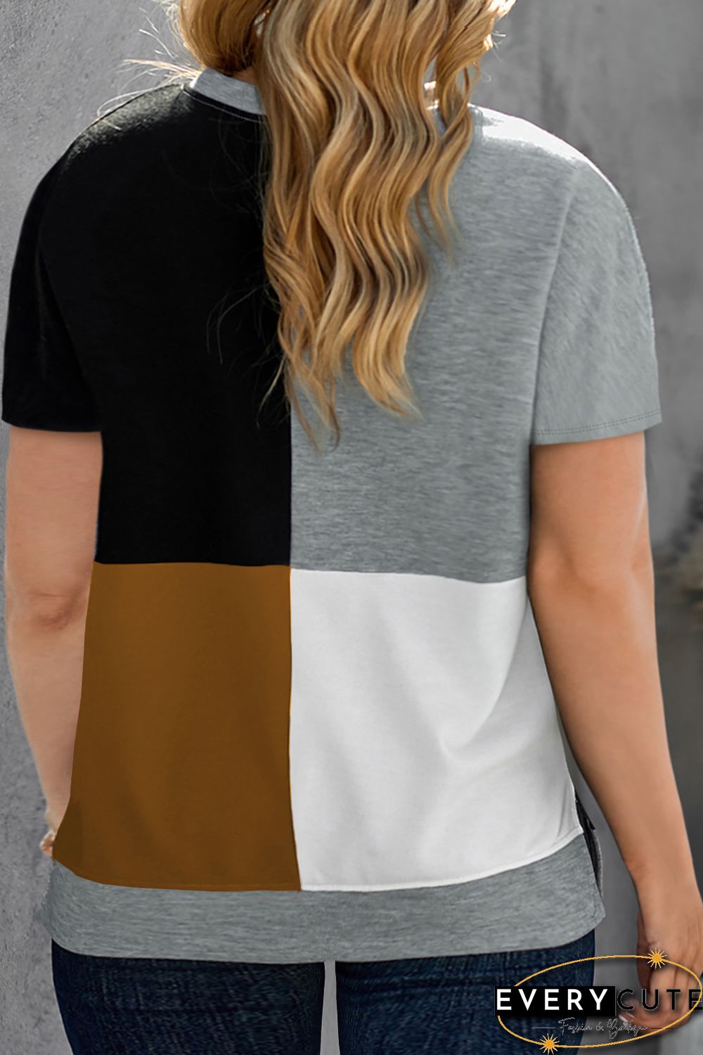 Khaki Plus Size Crew Neck Colorblock T-shirt