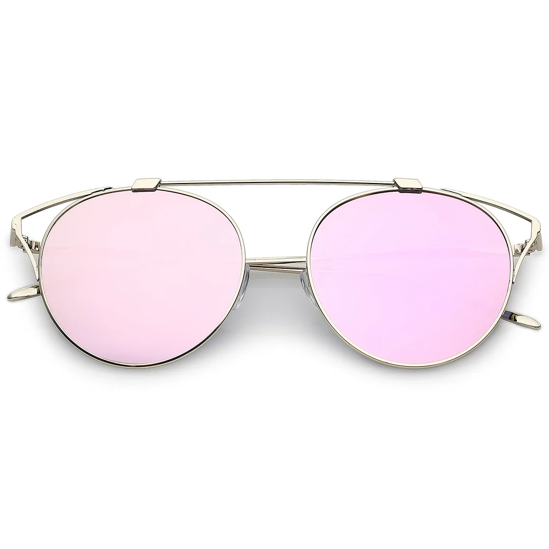 Modern Metal Cutout Cat Eye glasses With Crossbar Round Mirrored Flat Lens 55mm