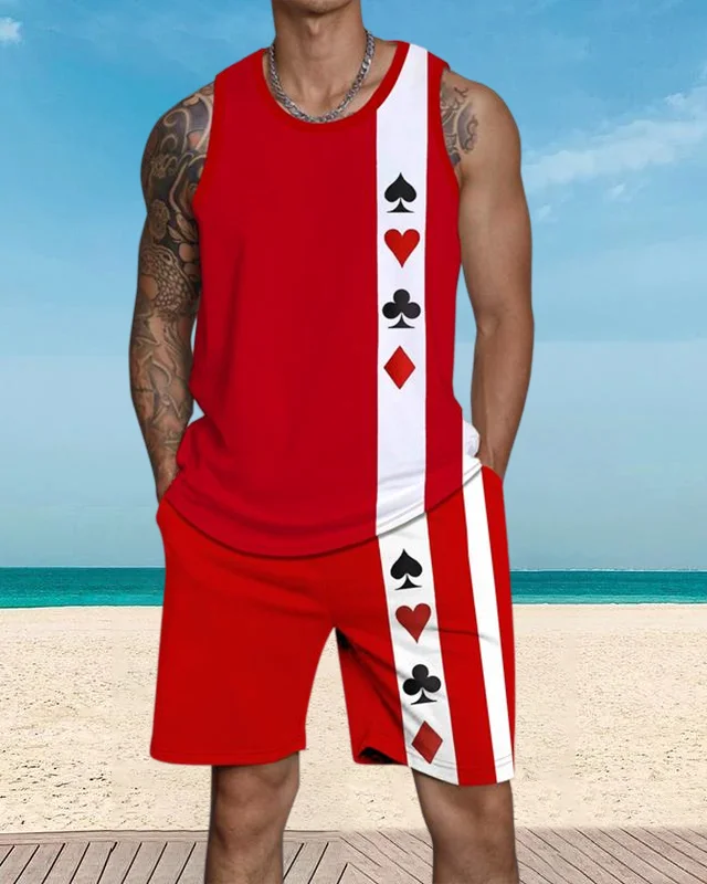 Men's casual vacation color block printed vest Set 044