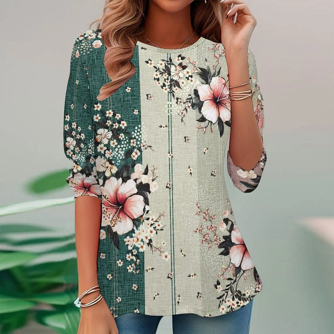 Vintage Printed Long Sleeve Plus Size Tunic for  Women and Men Unisex Pattern Floral,Pink,Green,Stitch
