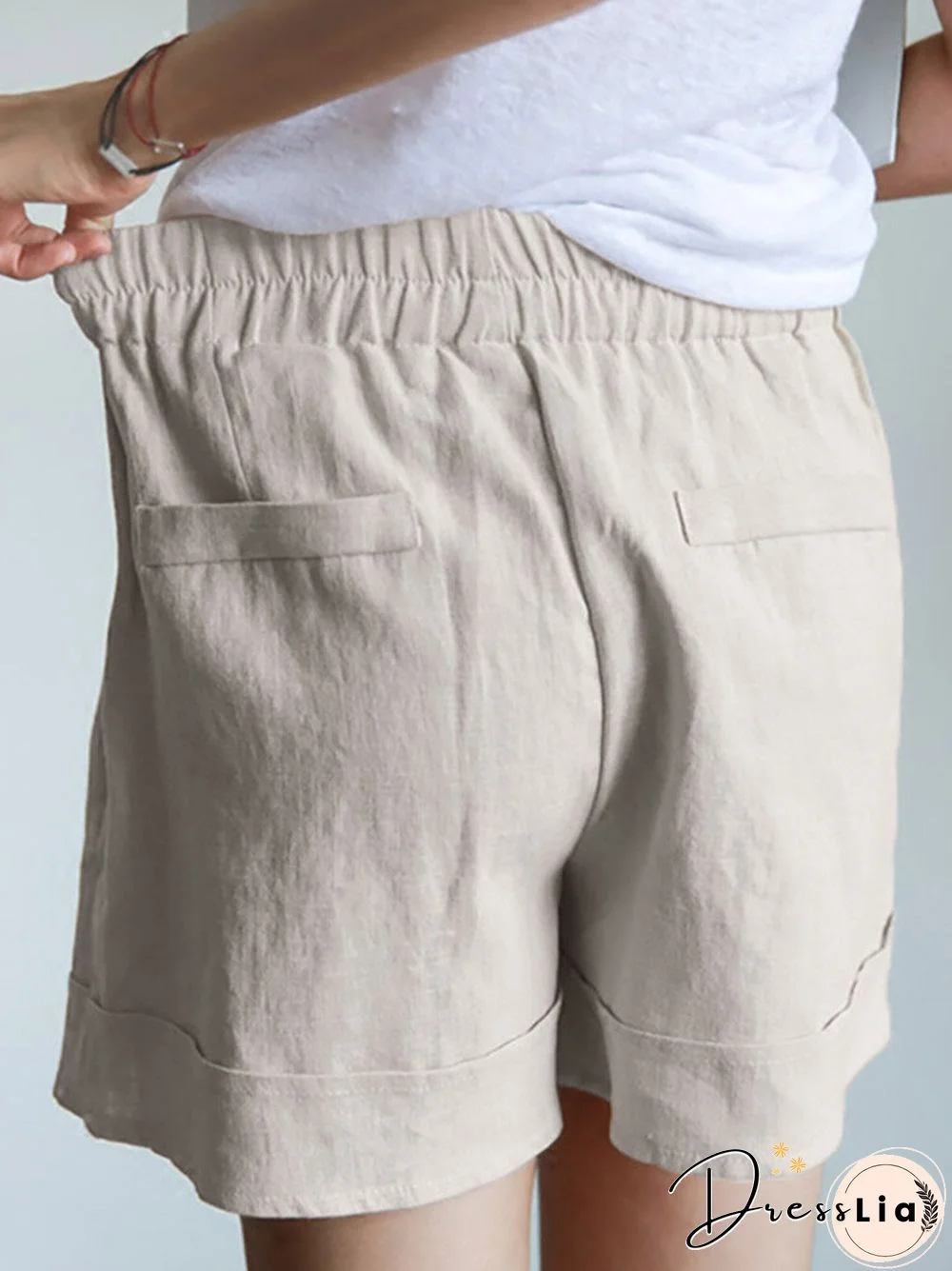 Solid Elastic Waist Pocket Casual Shorts For Women