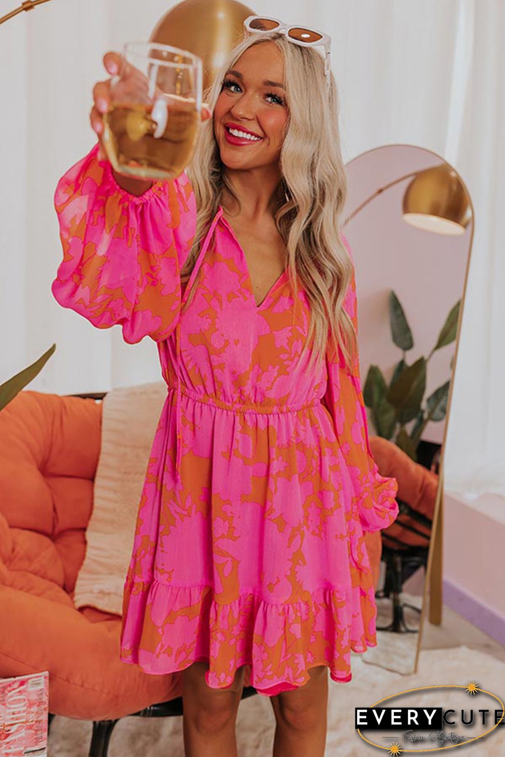 Rose Abstract Printed Puff Sleeve Ruffle Flowy Dress