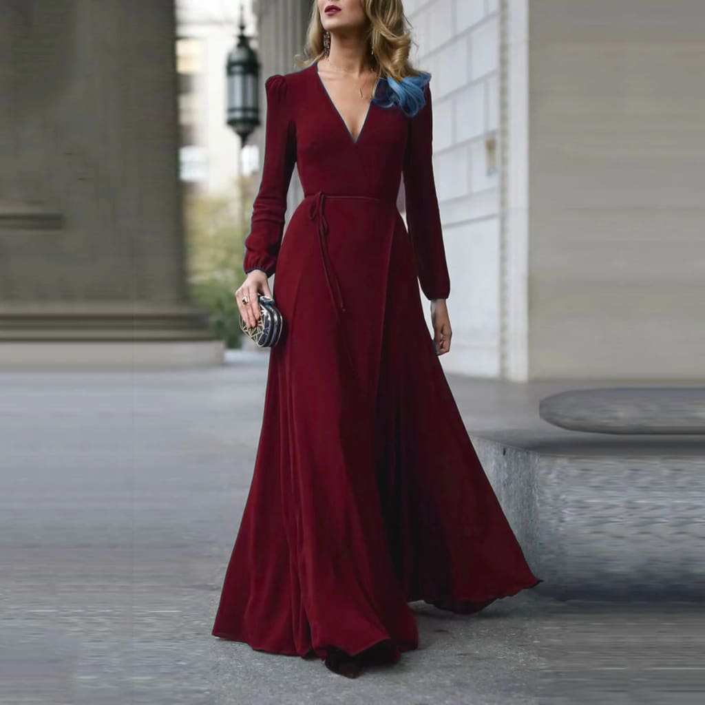 Vintage Formal Dress Women Lady V Neck Long Sleeve Maxi Dress Autumn Winter Evening Party Wedding Prom Gown Dress