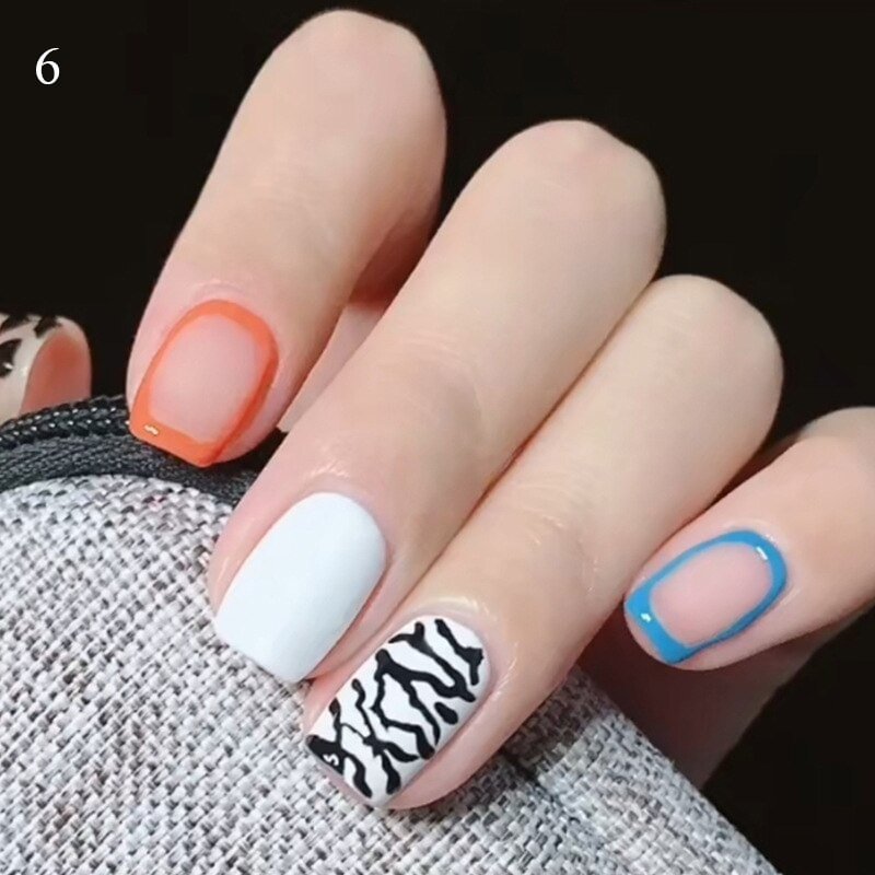 24PCS/box Wearable Short Oval Fake Nails Rainbow Pattern Lady Full Cover Flase Nails With Glue Finished Fingernail Accessories