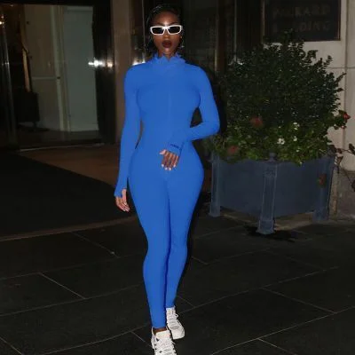 Uveng Zipper Stretch Turtleneck Embroidered Street Hipster Slim Fit Fitness Jumpsuit Yoga Suit