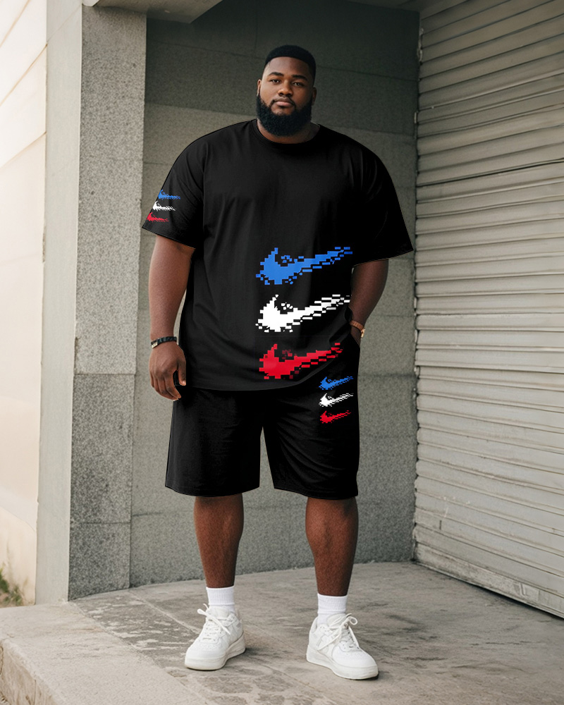 Big & Tall Men's Black Colorblock Pixel Tick Printed Crewneck Short Sleeve T-Shirt Shorts Suit