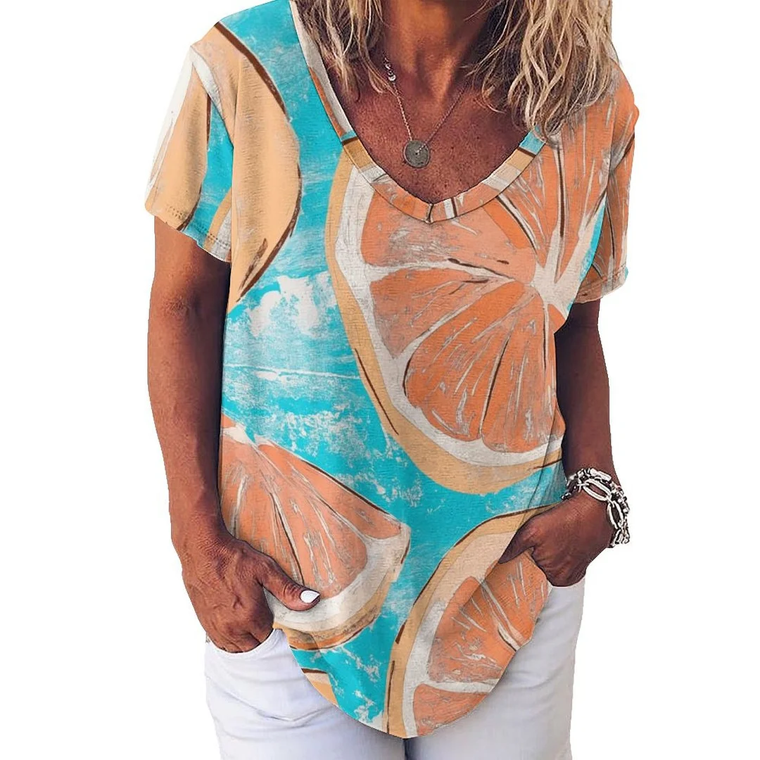 V-neck Short Sleeve Casual T-shirt for  Women Printed with Pattern Lemon, Summer, Yellow