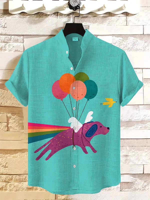 Men's Dog Flying With Rainbow And Balloons Art Print Linen Blend Shirt