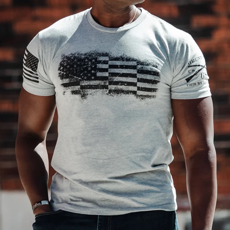 Woodland Camo Bar Flag Short Sleeve Casual T-Shirt